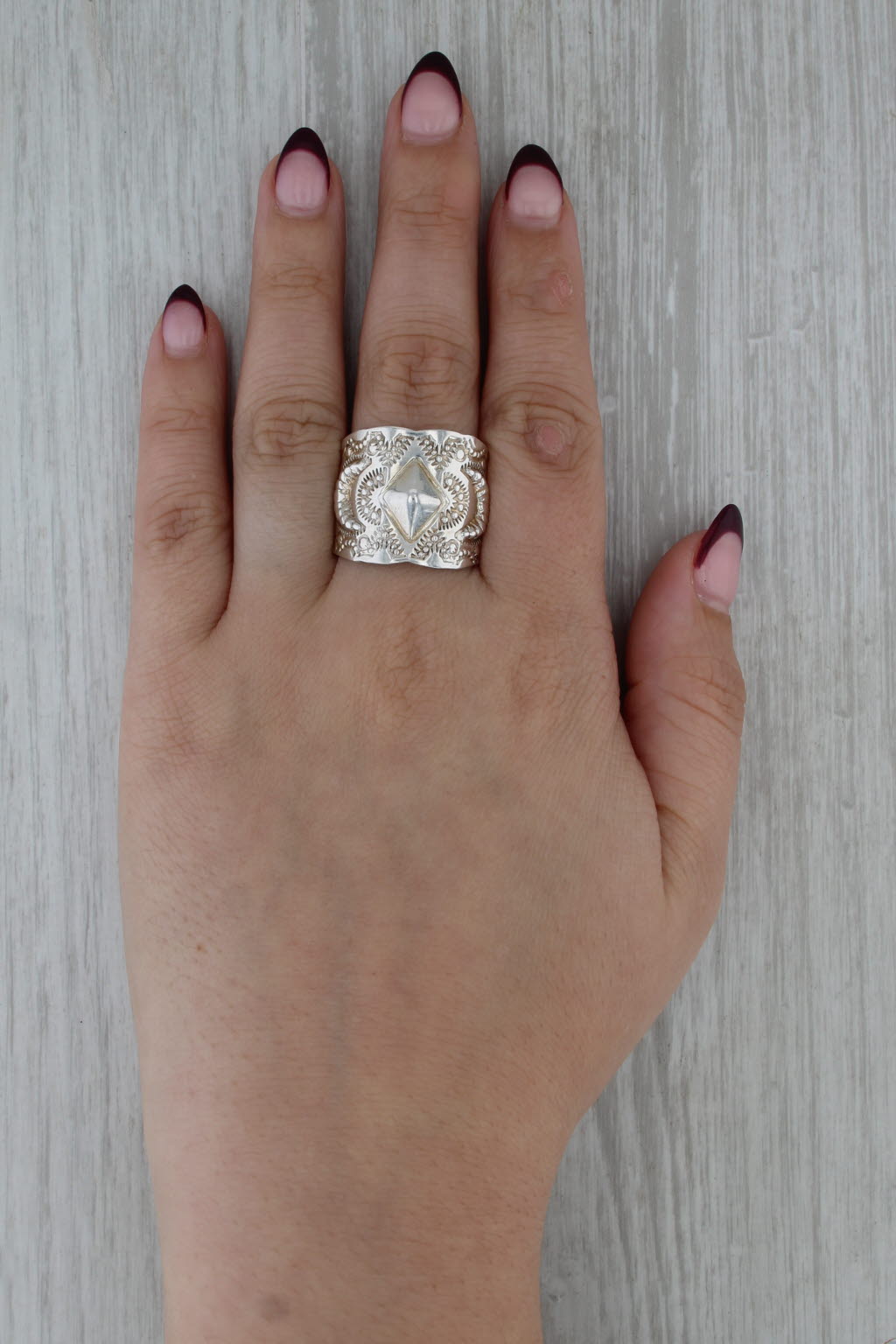 Vincent Platero Stamped Crescent Ring Sterling Silver Navajo Native American