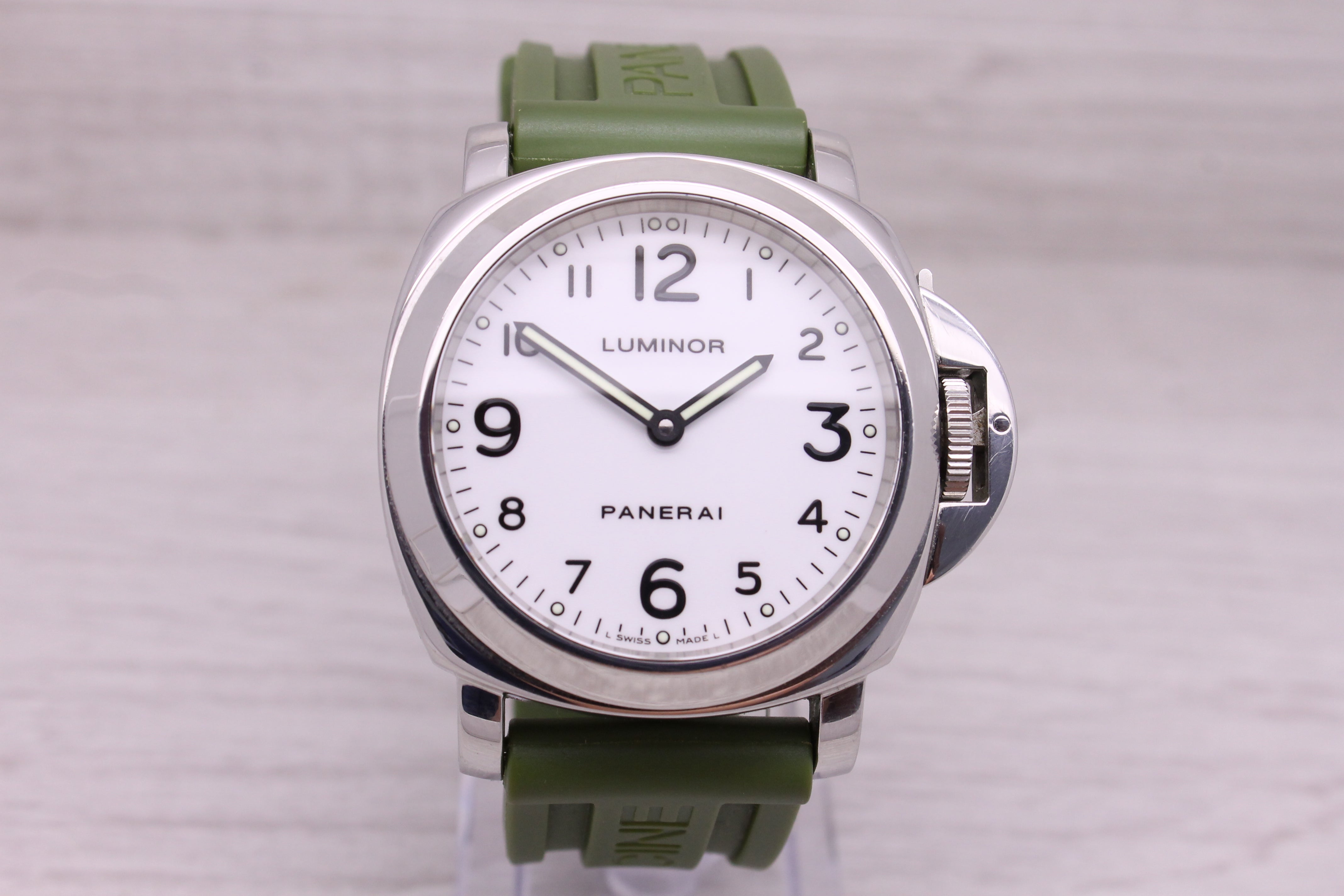 Gray Panerai Luminor Base PAM002 44mm Steel Manual White Dial Watch Box Papers OP6520