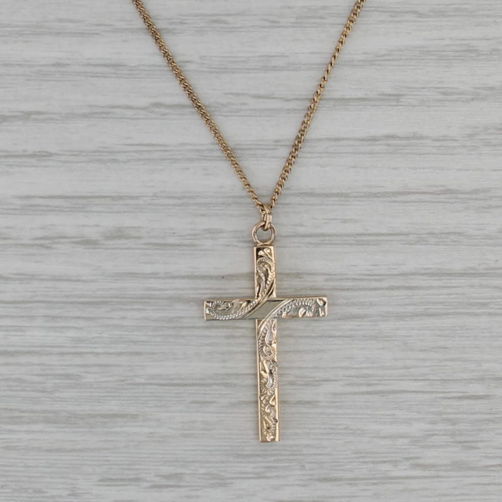 Reversible Cross Pendant Necklace Gold Filled Floral Engraved 19" Curb Chain