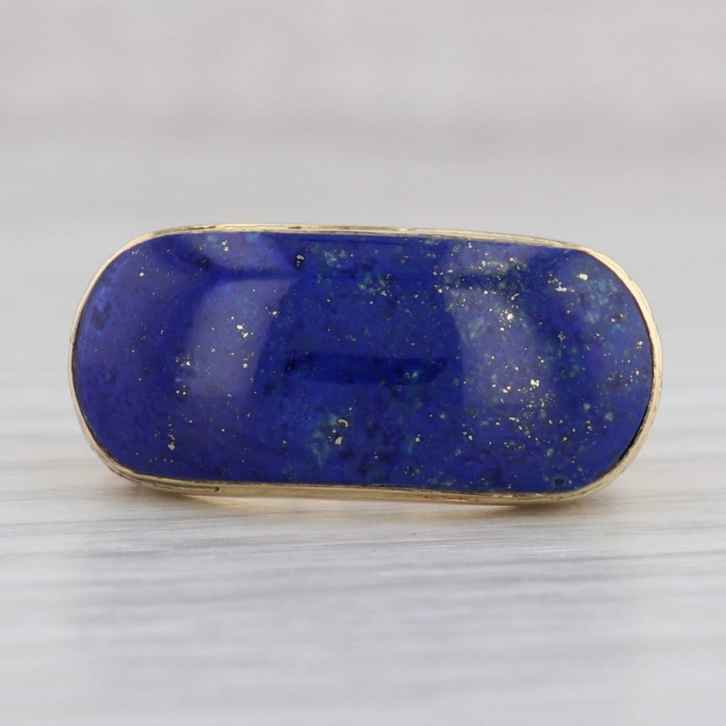 Gray Blue Lapis Lazuli Saddle Ring 18k Yellow Gold Size 7.25 Oval Cabochon