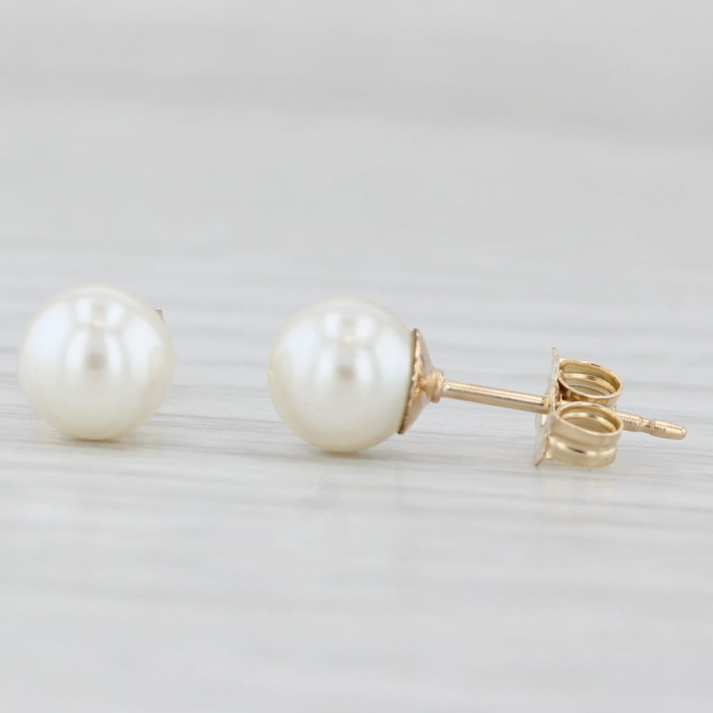 Light Gray Cultured Pearl Bead Solitaire Stud Earrings 14k Yellow Gold