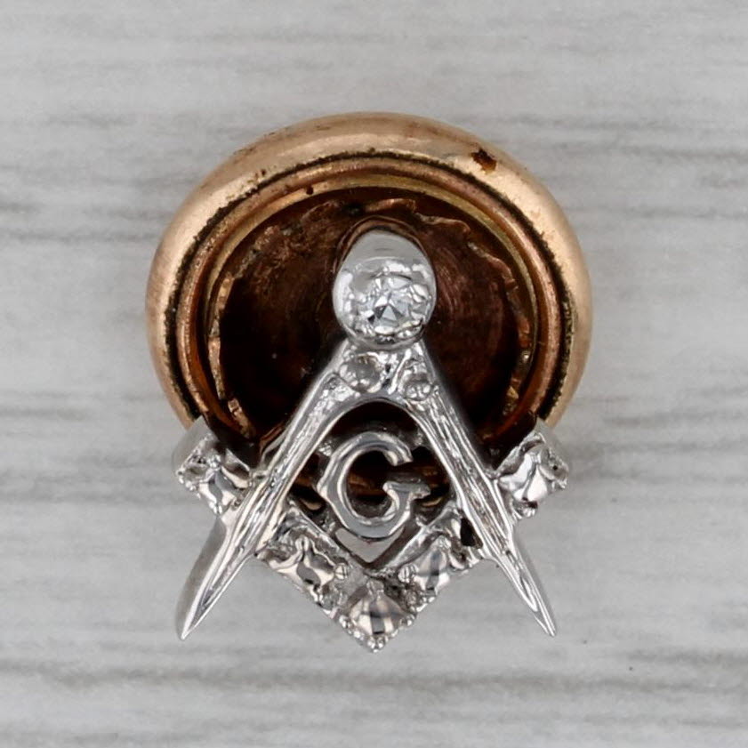 Dark Gray Diamond Accented Masonic Blue Lodge Square Compass Pin 10k White Gold Vintage