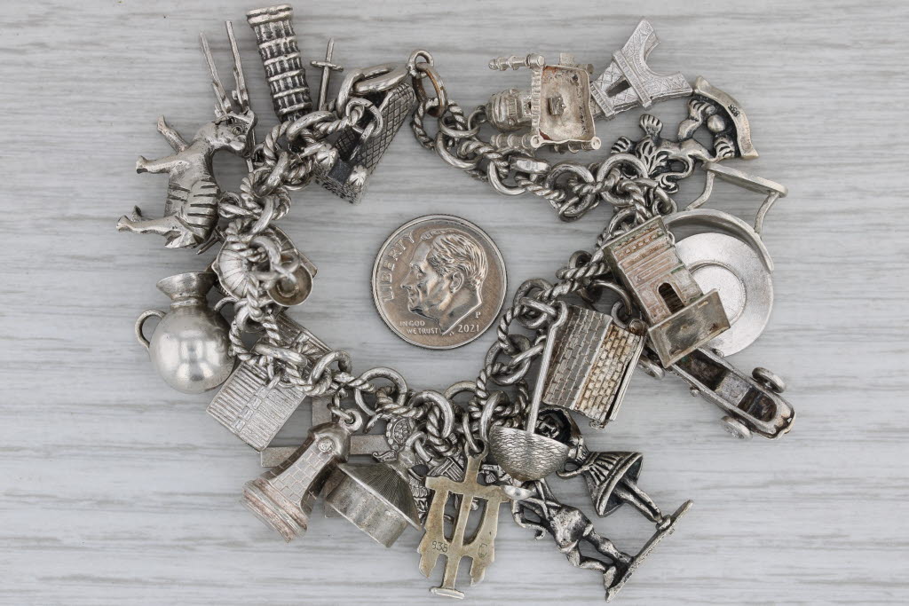 Gray Vintage Silver Souvenir Charm Bracelet 7" Cross France Italy Animals Sterling