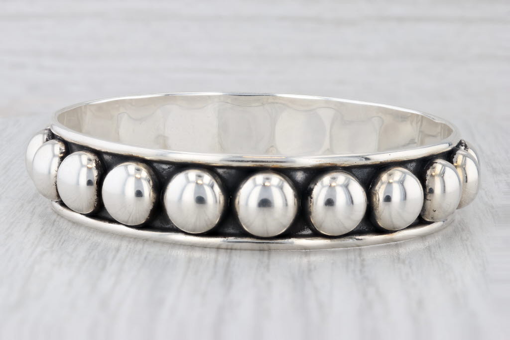 Light Gray Bead Accented Bangle Bracelet Sterling Silver Vintage Mexico 7.75" 14.3mm