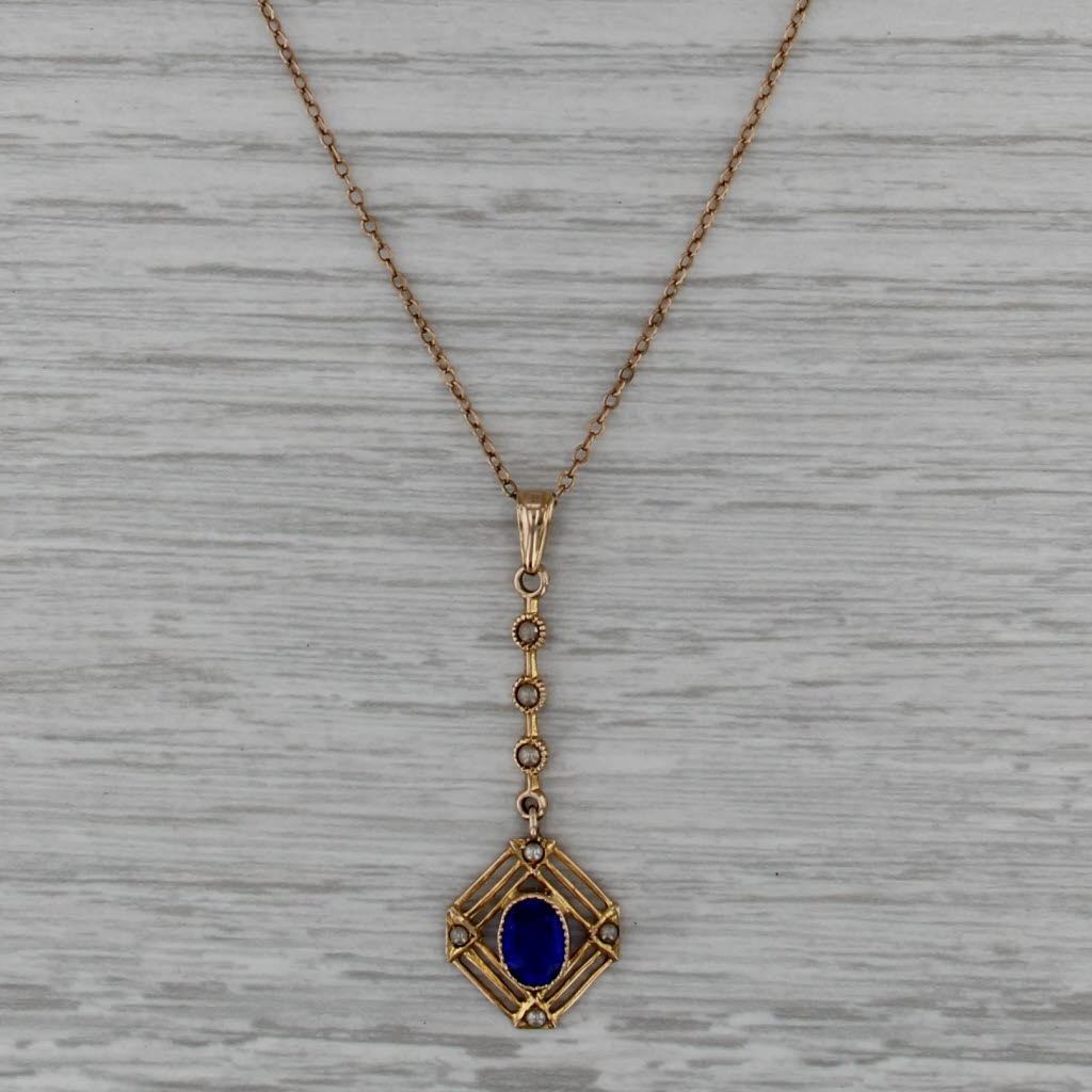 Antique Imitation Pearl Glass Pendant Necklace 10k Yellow Gold 17" Cable Chain