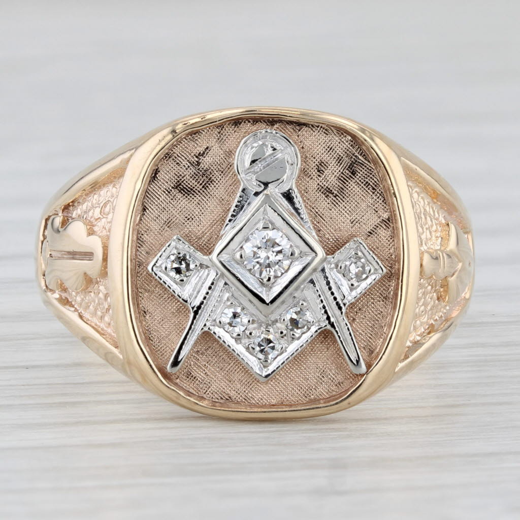 Gray 0.10ctw Diamond Masonic Signet Ring 10k Gold Sz 11.75 Square Compass Blue Lodge