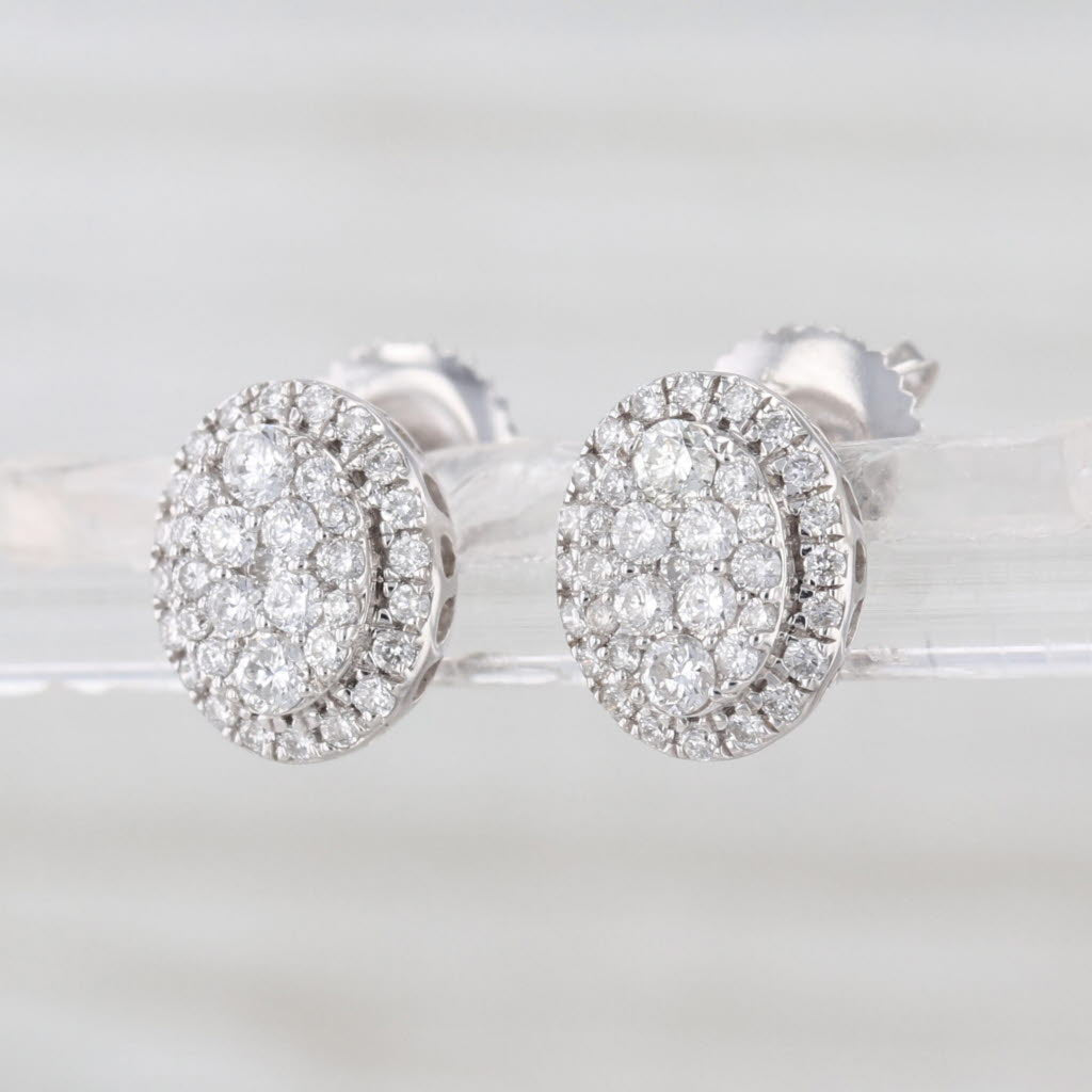 0.35ctw Diamond Cluster Halo Stud Earrings 14k White Gold Screw Backs Oval Studs