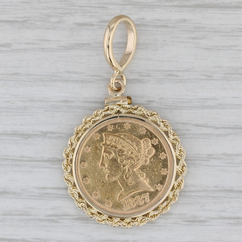 Gray 1887 5 Dollar Liberty Head Coin Pendant 14k Yellow Gold