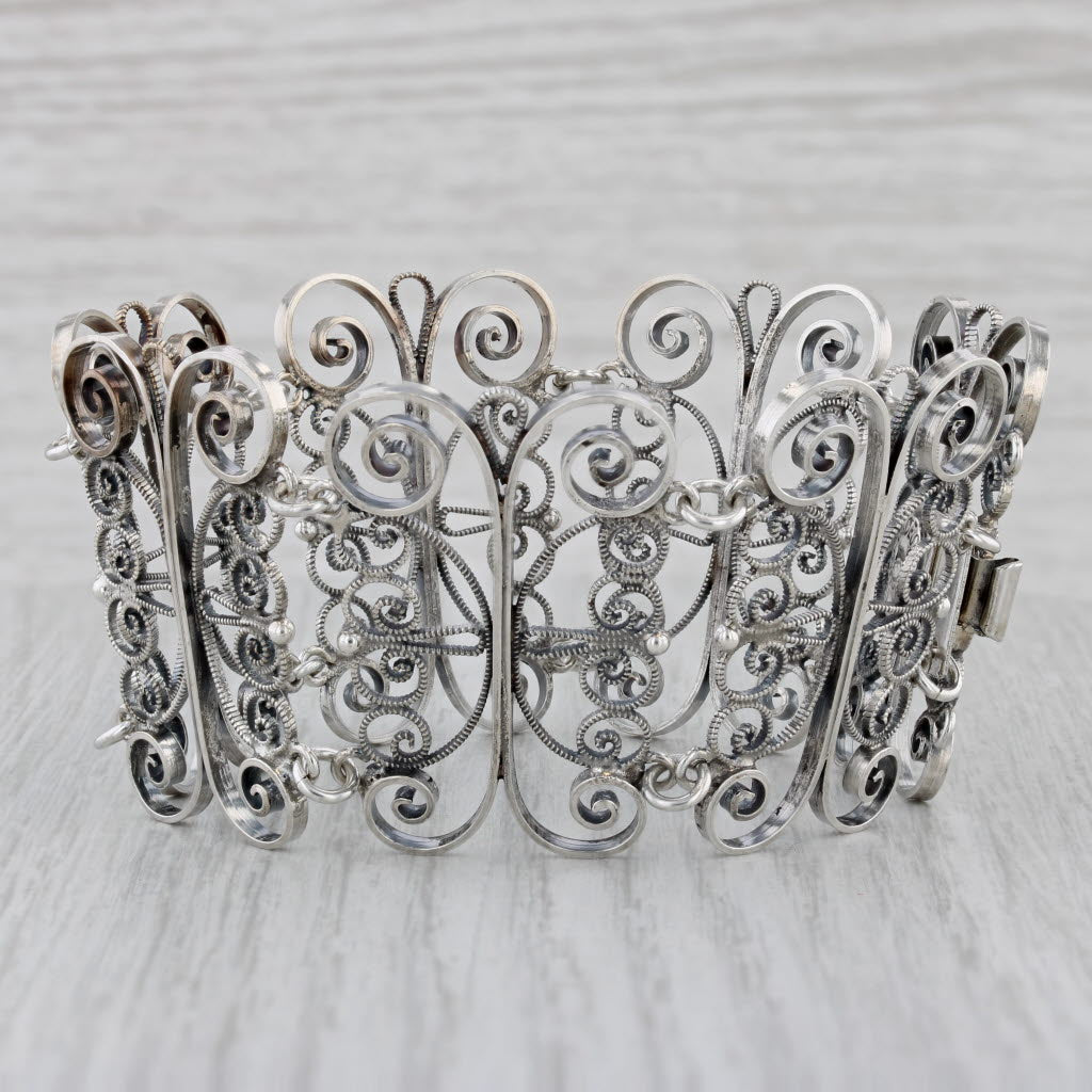 Gray Vintage Handmade Ornate Filigree Links Bracelet 830 Silver 7.25" Statement