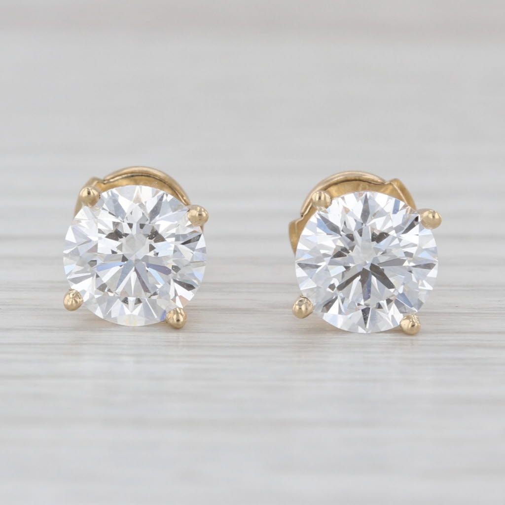 New 3.06ctw IGI Lab Grown Diamond Stud Earrings 14k Yellow Gold Studs Lock Backs