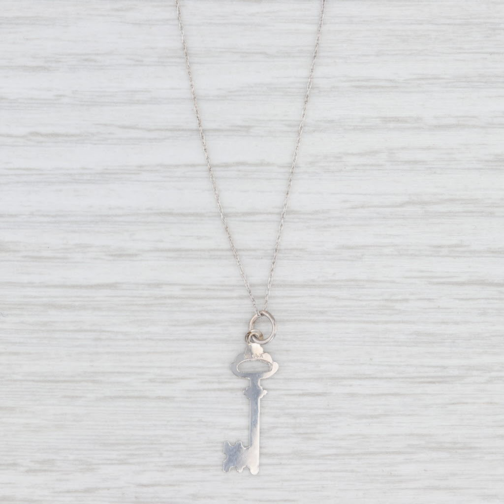 Light Gray Skeleton Key Pendant Necklace 14k White Gold 16" Fine Rope Chain