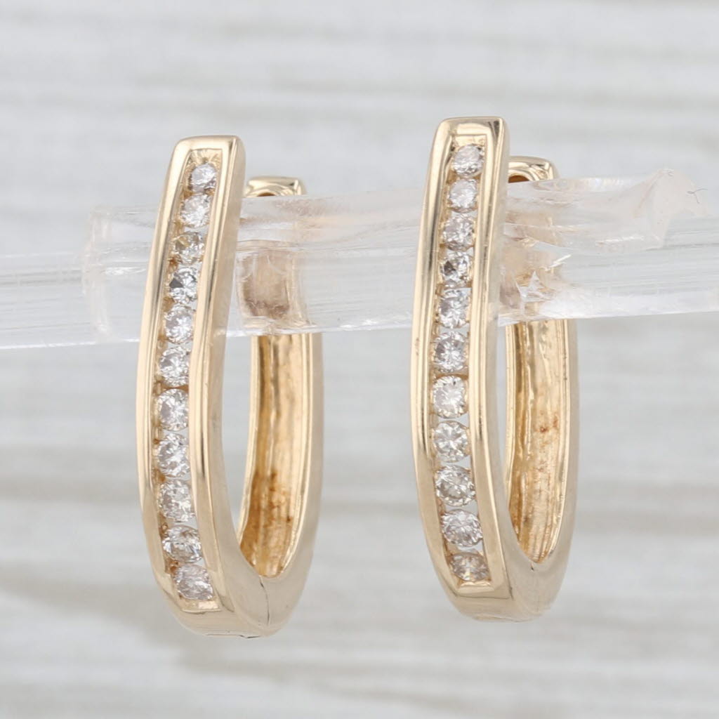 0.58ctw Diamond Oval Hoop Earrings 14k Yellow Gold Hinged Snap Top Hoops