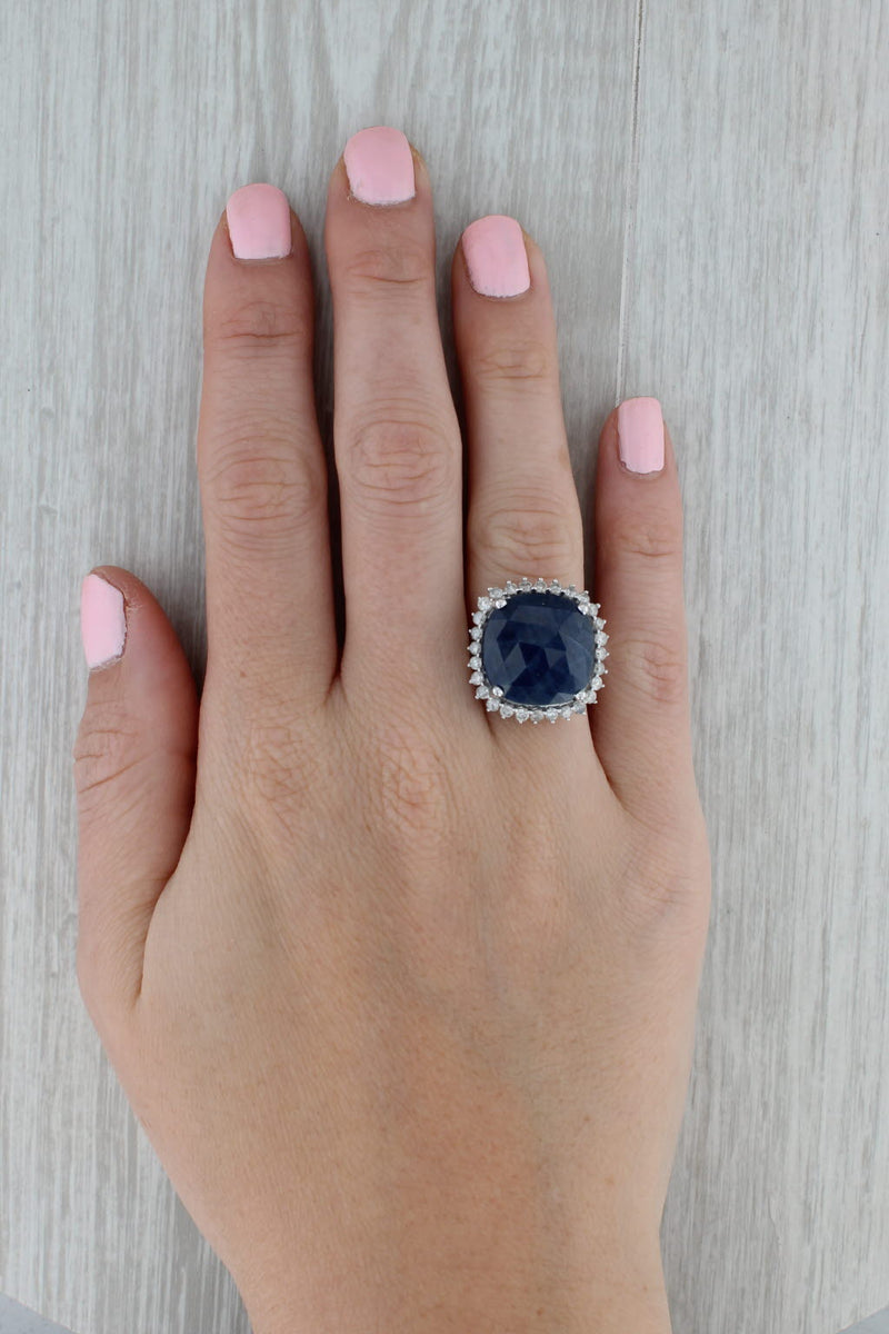 Dark Gray Blue Sapphire White Diamond Halo Ring 14k White Gold Size 5.75 Cocktail