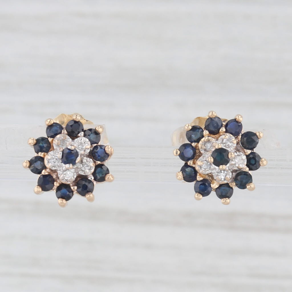 Light Gray 0.42ctw Blue Sapphire Diamond Flower Stud Earrings 10k Yellow Gold