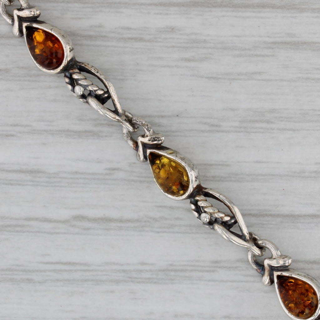 Gray Vintage Amber Bracelet Sterling Silver Pear Cabochons 7" 4.4mm