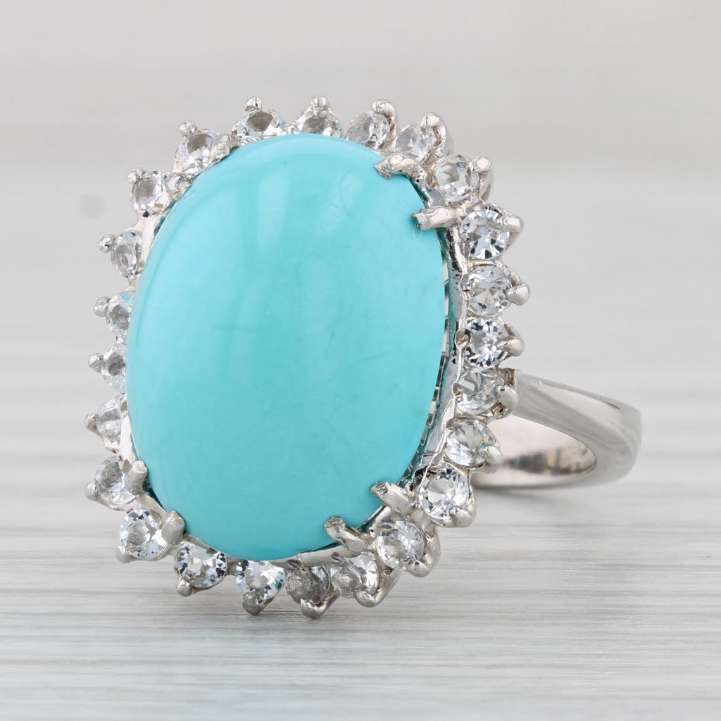 Light Gray Turquoise Cabochon Lab Created Spinel Halo Ring 14k 18k White Gold Sz 5 Cocktail