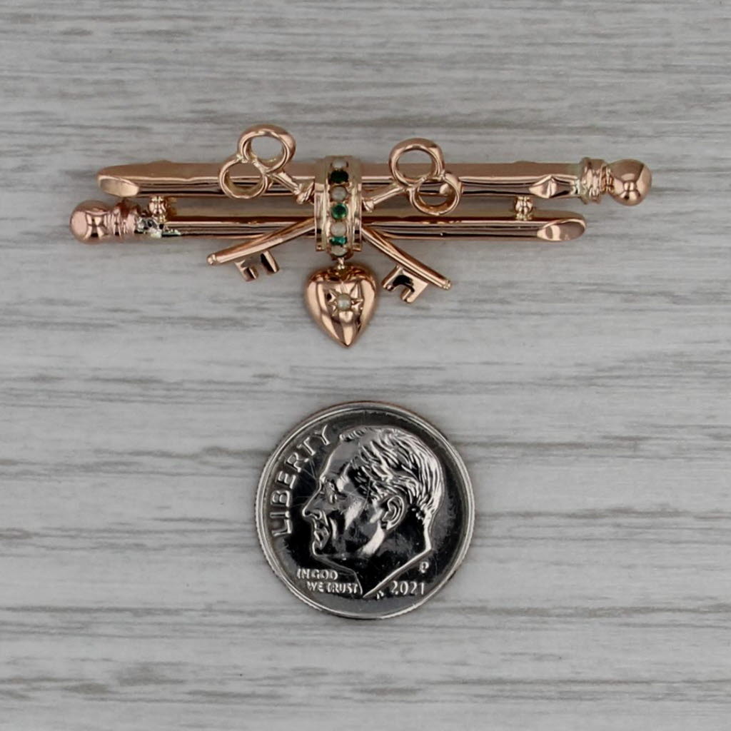 Vintage Seed Pearl Green Glass Brooch 14k Yellow Gold Heart Keys Bar Pin