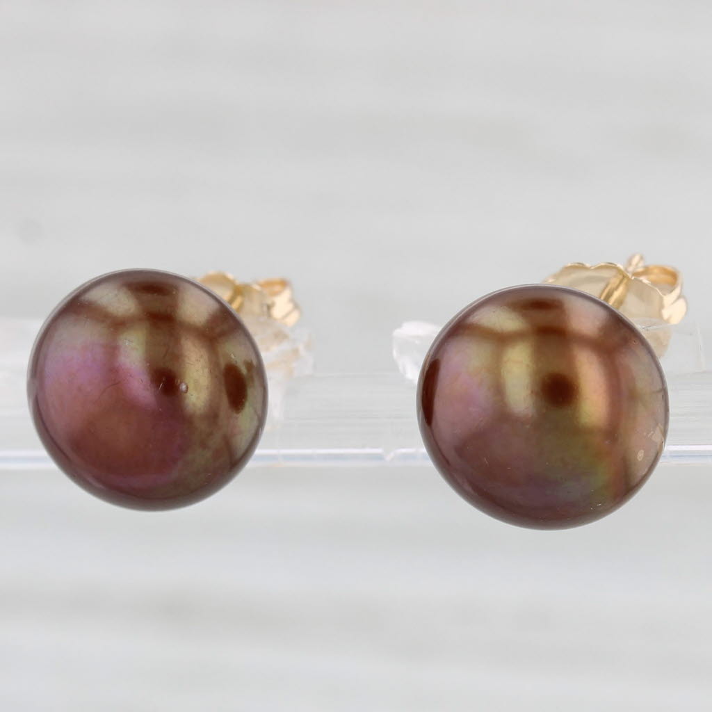 Light Gray Bronze Cultured Button Pearl Stud Earrings 14k Yellow Gold Round