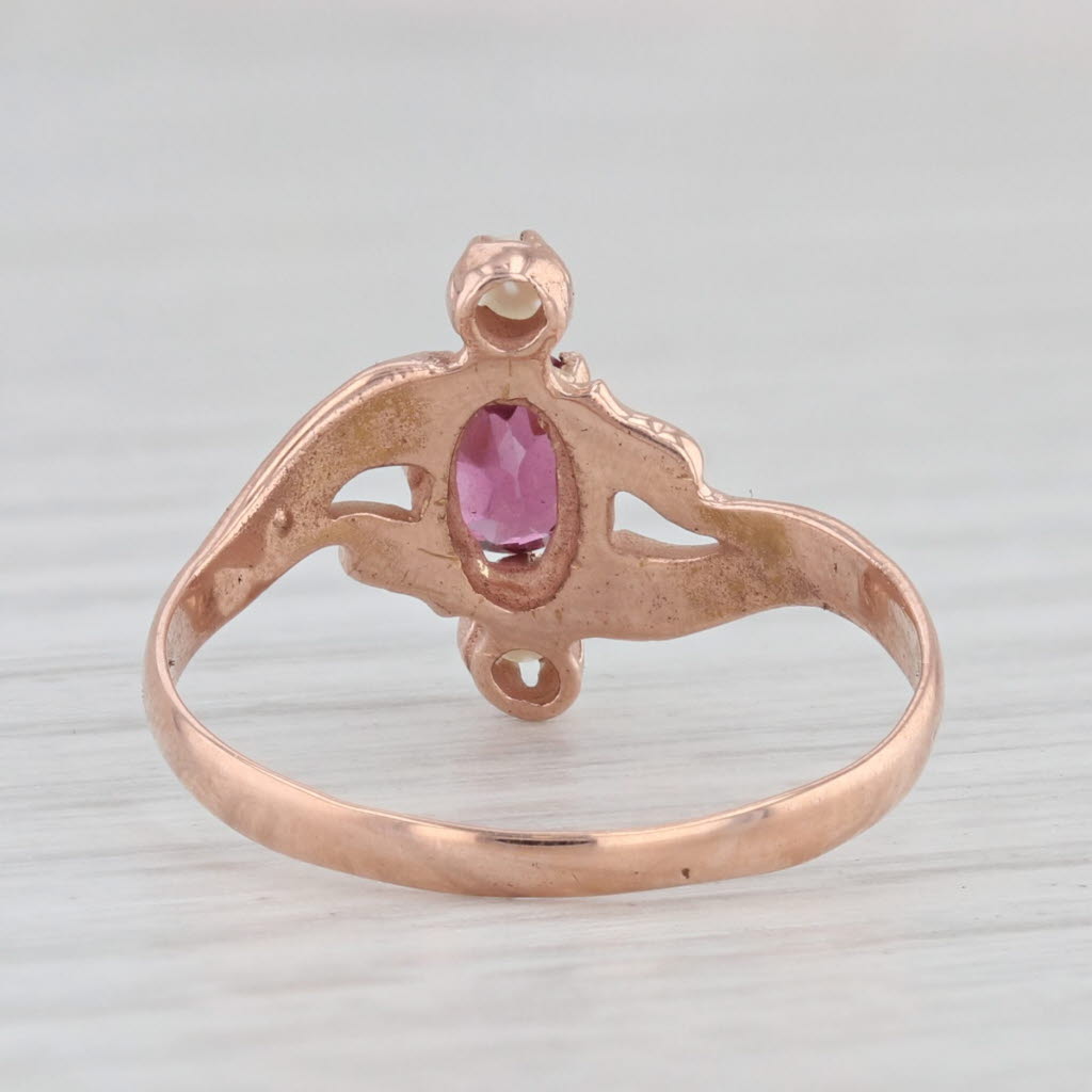 Light Gray Victorian 0.50ct Ruby Seed Pearl Bypass Ring 14k Rose Gold Size 6 Antique