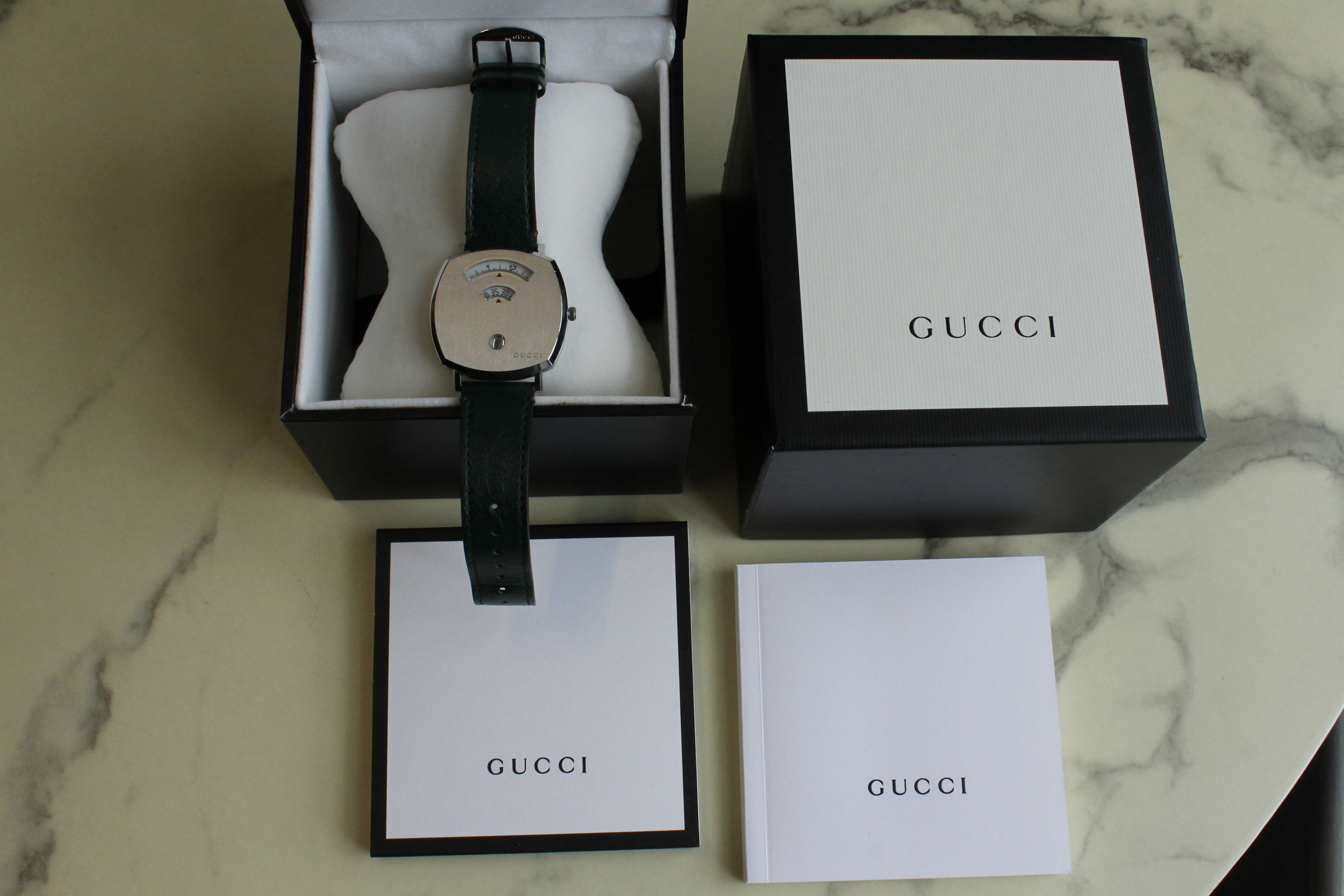 Dark Gray Gucci Jump Hour 157.3 38mm Stainless Steel Quartz Watch w/ Green Strap & Box