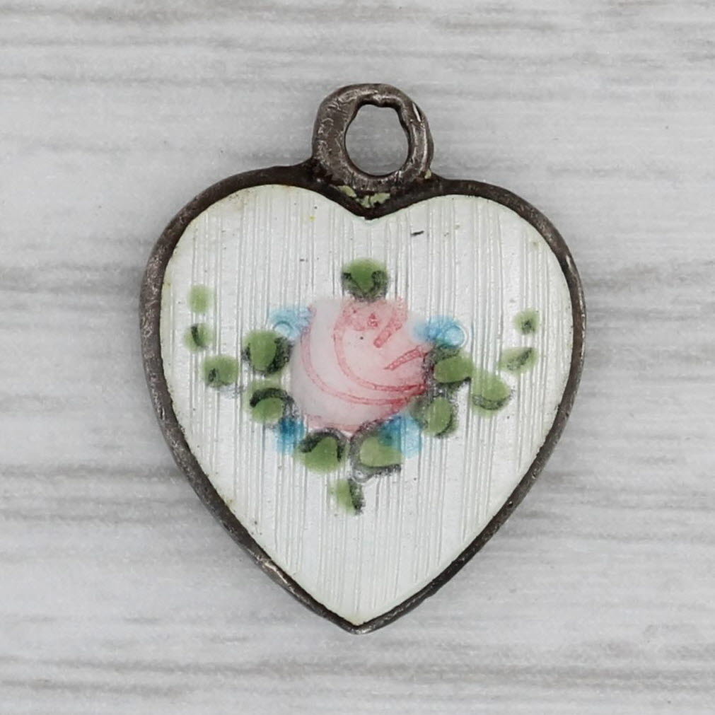 Gray Vintage Floral Puffy Heart Charm Sterling Silver Enamel Pendant Ornate