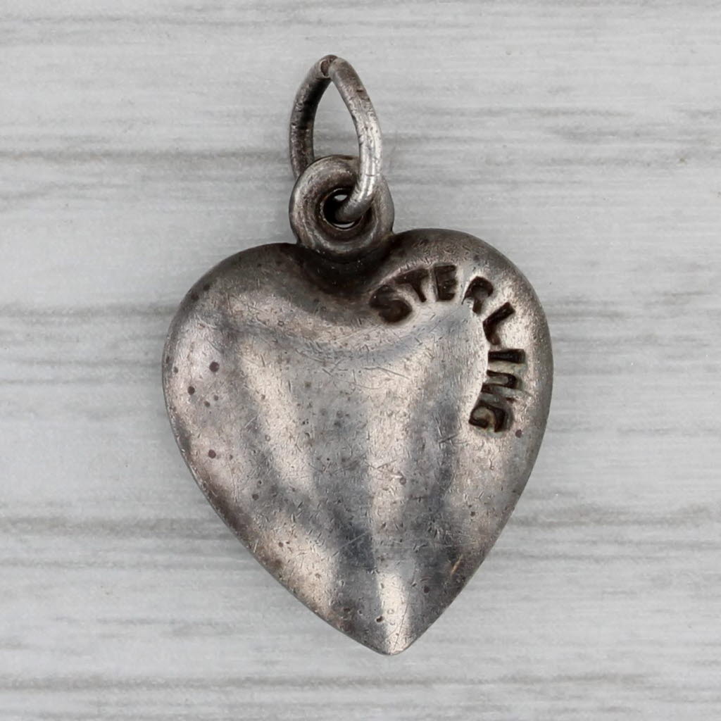 Gray Vintage Floral Puffy Heart Charm Sterling Silver Enamel Pendant