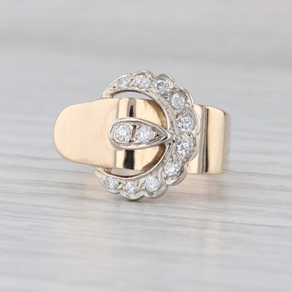 0.22ctw Diamond Belt Buckle Ring 14k Yellow White Gold Size 5.5