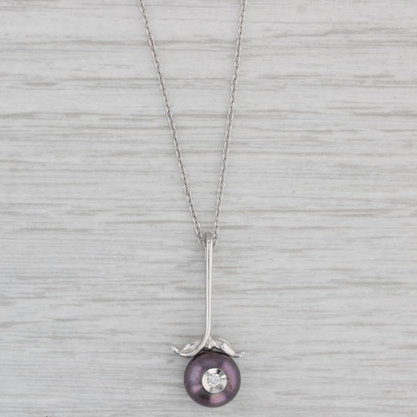 New Galatea Cultured Black Pearl Diamond Pendant Necklace 14k White Gold 18"