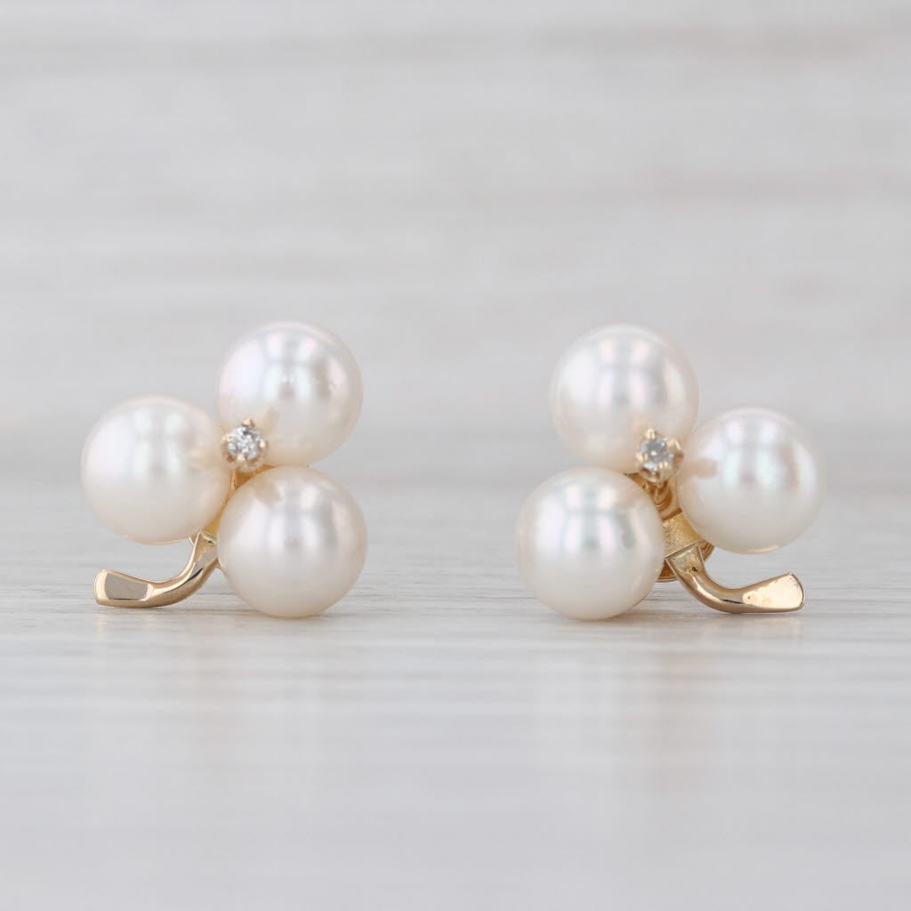 Cultured Pearl Diamond Clover Flower Cluster Stud Earrings 14k Yellow Gold Studs