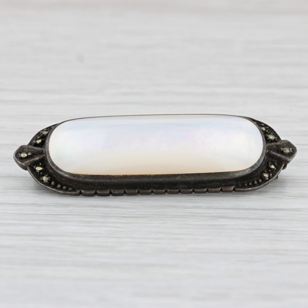 Light Gray Vintage Mother of Pearl Marcasite Brooch Sterling Silver Pin