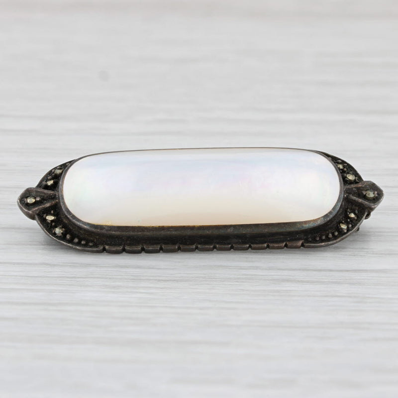 Vintage Mother of Pearl Marcasite Brooch Sterling Silver Pin