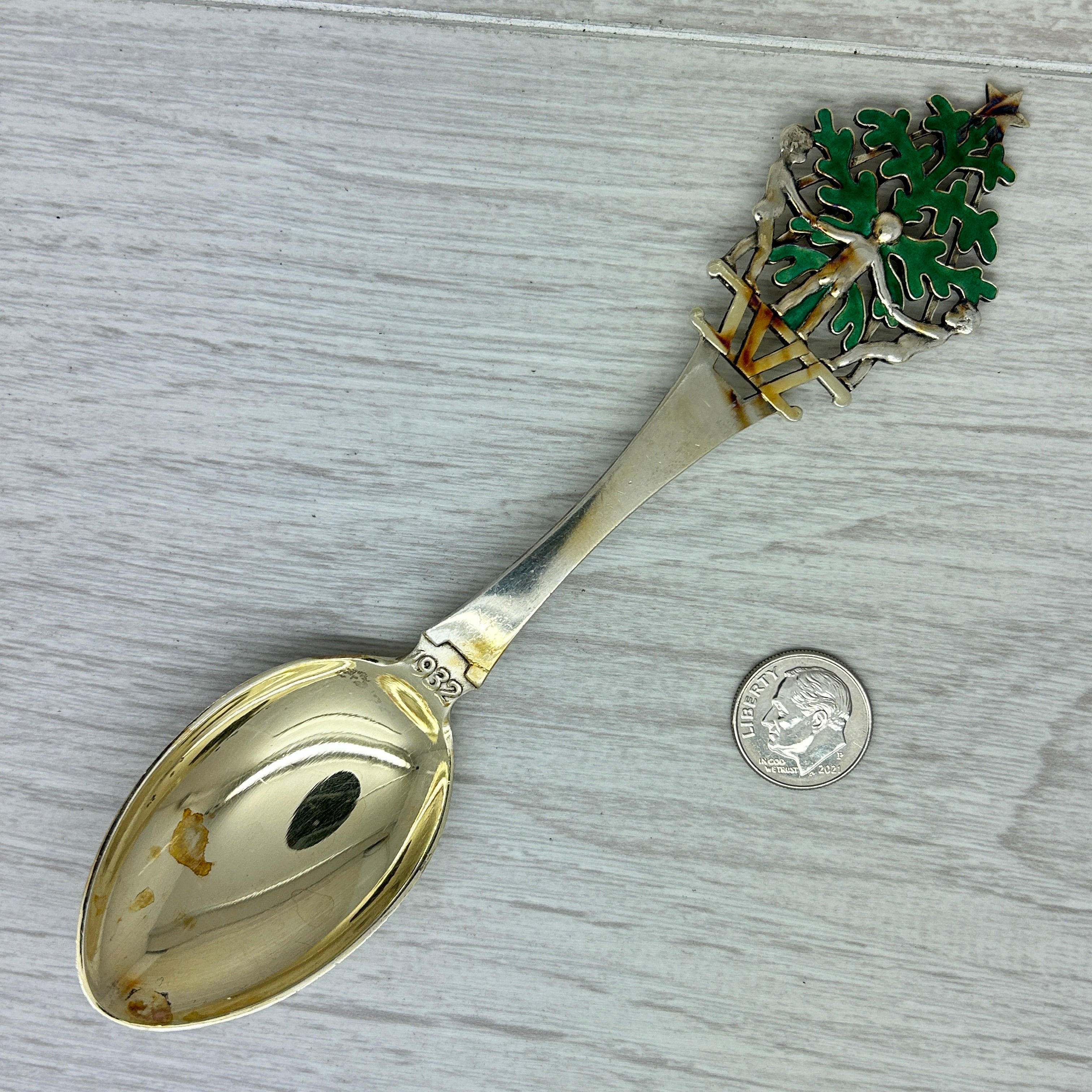 Dark Gray Vintage 1932 Anton Michelsen Sterling Silver Enamel Christmas Spoon Denmark