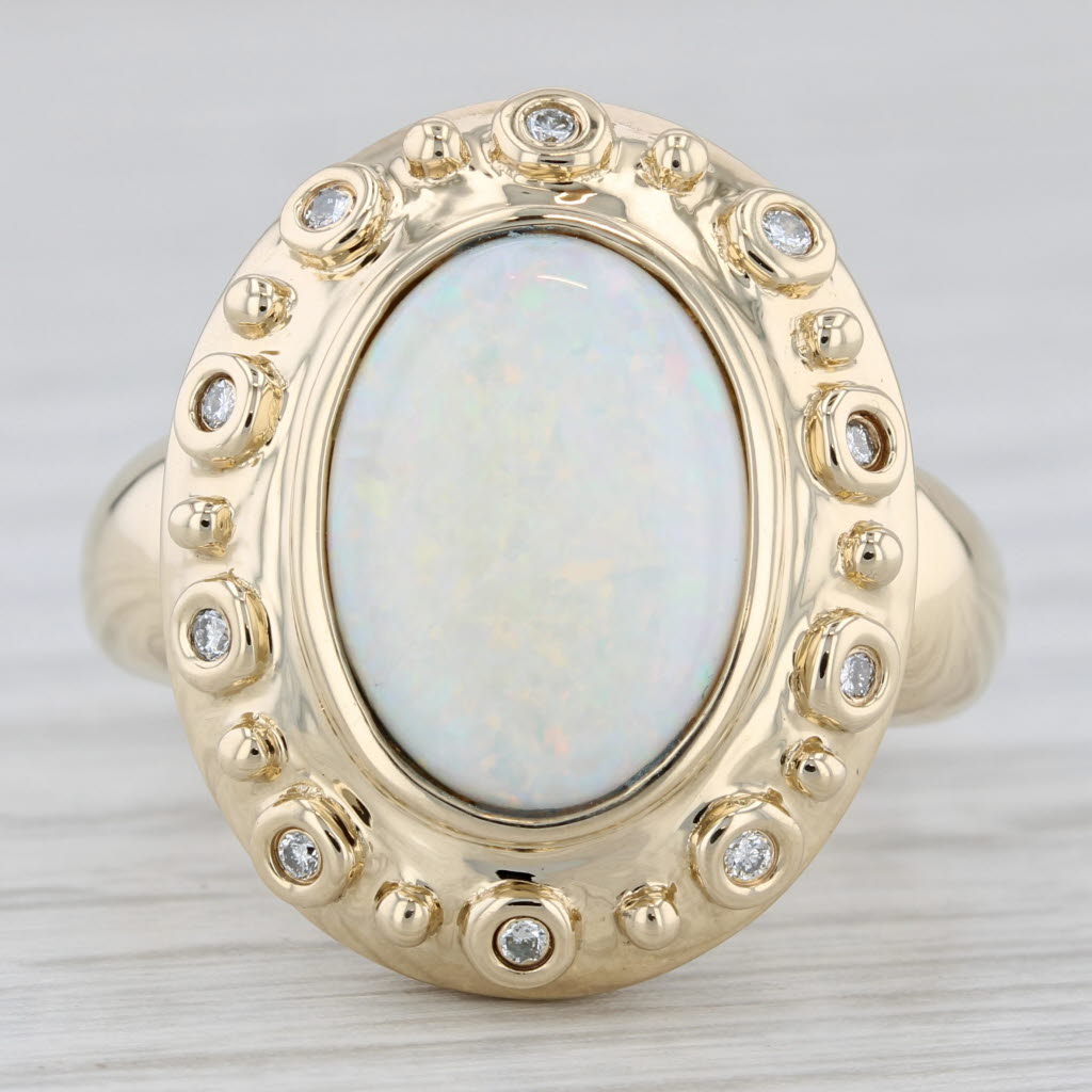 Light Gray Opal Oval Cabochon Diamond Ring 14k Yellow Gold Size 9