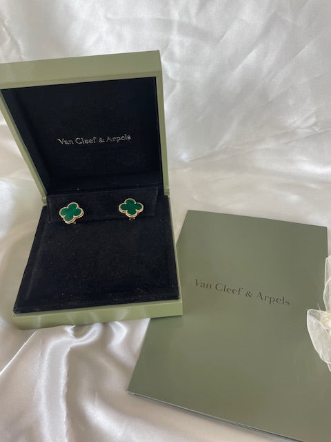 Dark Gray Van Cleef Arpels VCA Alhambra Malachite Magic Clover Earrings 18k Gold Box Cert