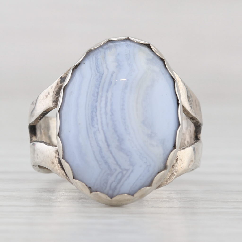Light Gray Blue Lace Agate Oval Cabochon Solitaire Ring Sterling Silver Size 6.25 Handmade