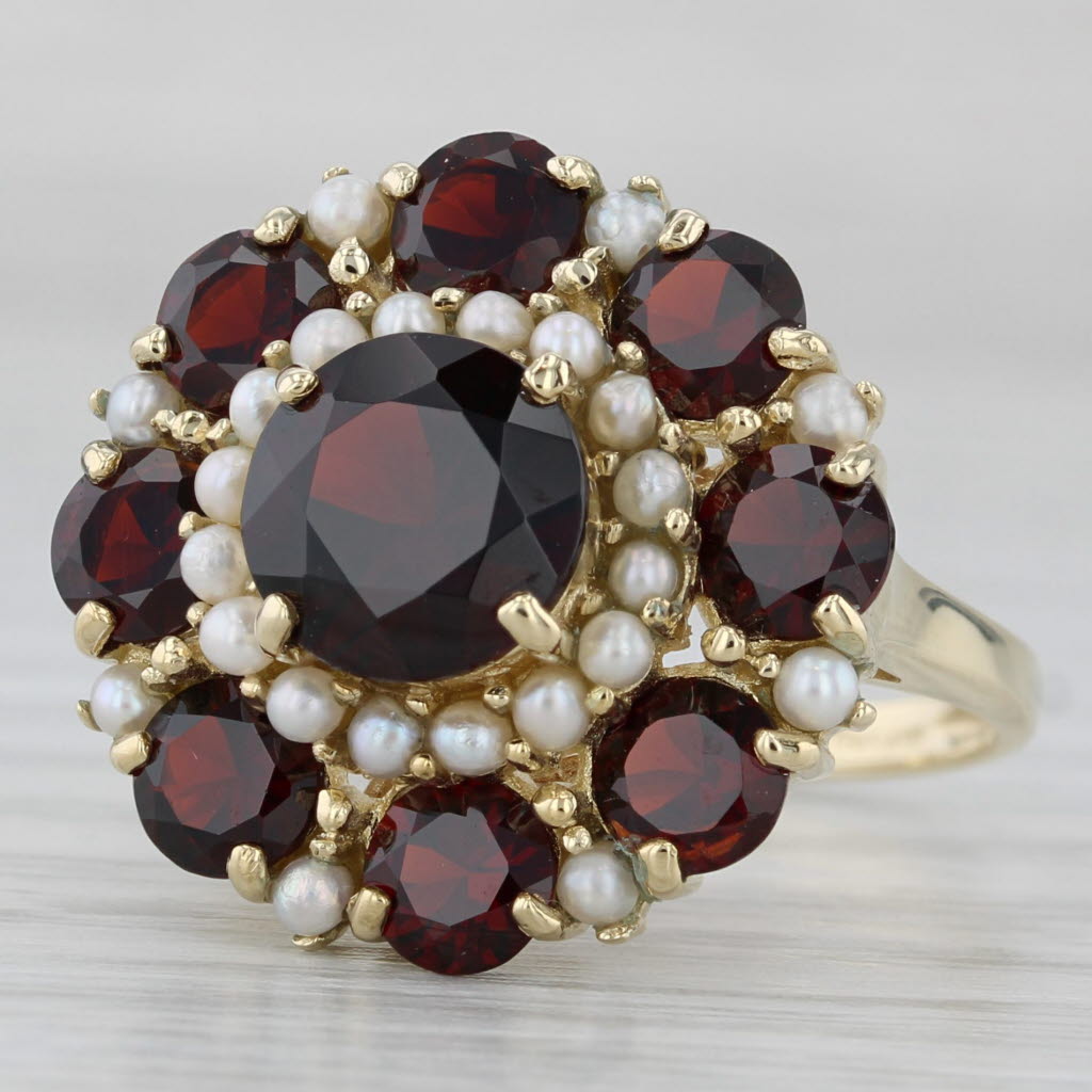Gray 6ctw Garnet Seed Pearl Cocktail Ring 14k Yellow Gold Size 7.25