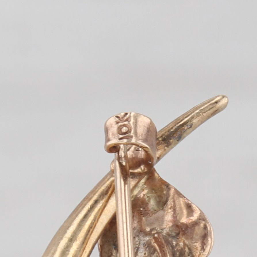 Antique Seed Pearl Glass Flower Crescent Pin 10k Yellow Gold Ornate Engraved