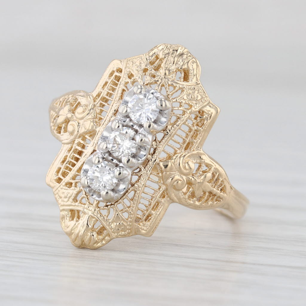 Vintage 0.20ctw 3-Stone Diamond Filigree Ring 14k Yellow Gold Size 9