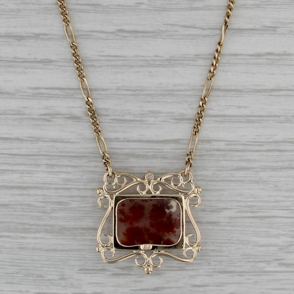 Moss Agate Diamond Ornate Pendant Necklace 14k Yellow Gold 15.5" Figaro Chain