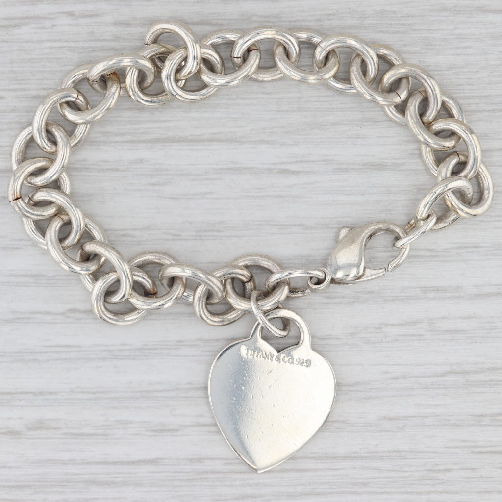 Light Gray Tiffany & Co Engravable Heart ID Tag Charm Bracelet Sterling Silver 7"