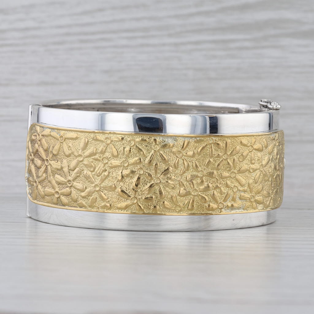 Chunky Flower Bangle Bracelet Sterling silver 22k Gold Statement 7" Greece