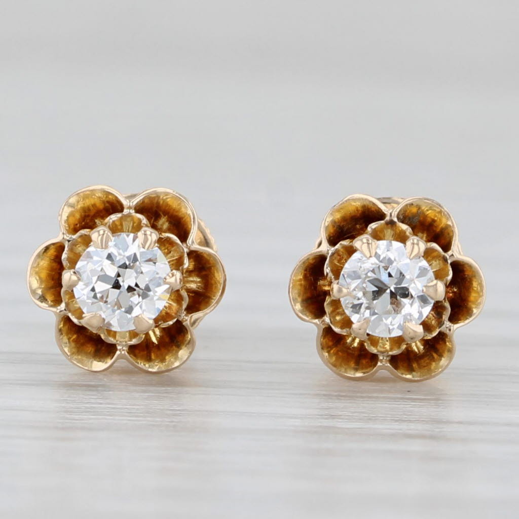 Light Gray Antique Diamond Buttercup Stud Earrings 14k Yellow Gold Screw On Pierced