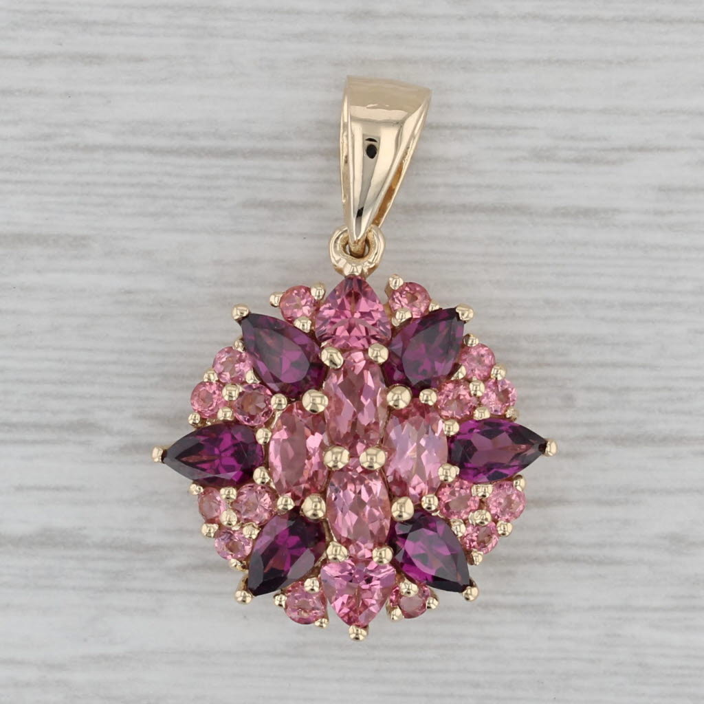 Gray 3.78ctw Red Garnet Pink Tourmaline Cluster Pendant 14k Yellow Gold