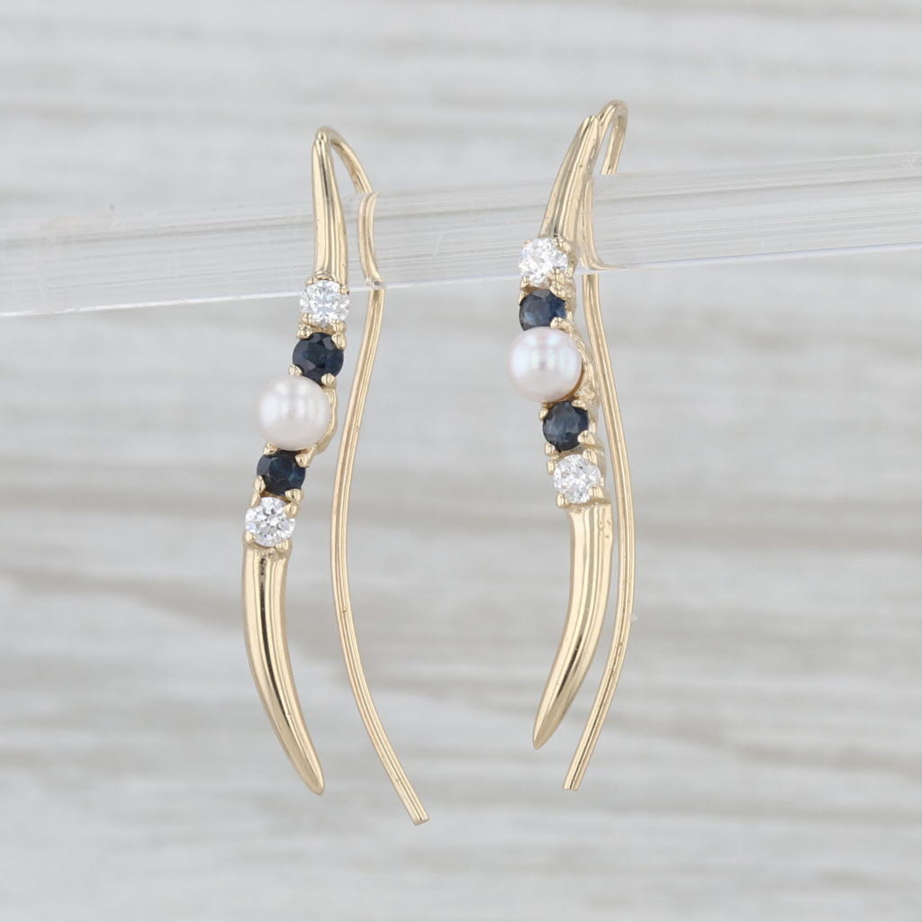 Cultured Pearl Blue Sapphire Cubic Zirconia Drop Earrings 14k Gold Hook Posts
