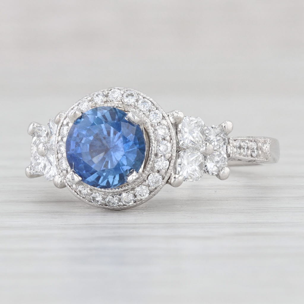 Light Gray 1.95ctw Blue Sapphire Diamond Halo Ring Platinum Size 6.75 Engagement GGTL