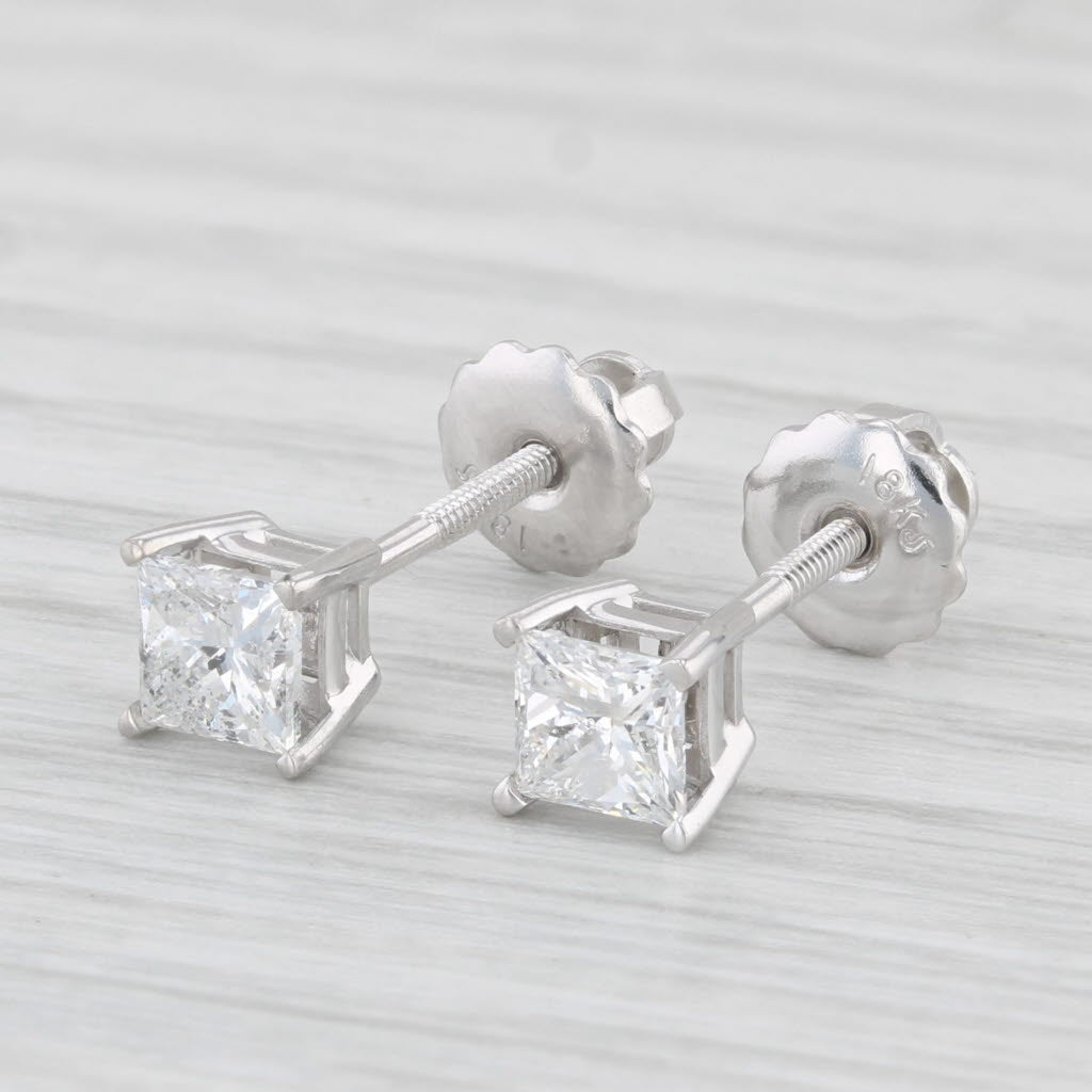 Light Gray 0.86ctw Princess Diamond Stud Earrings 18k White Gold Screw Back Pierced IGI