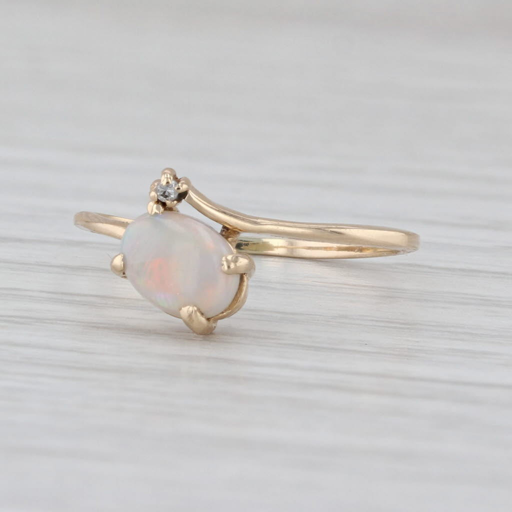 Opal Oval Cabochon Solitaire Bypass Ring 14k Yellow Gold Size 5.5 Diamond Accent