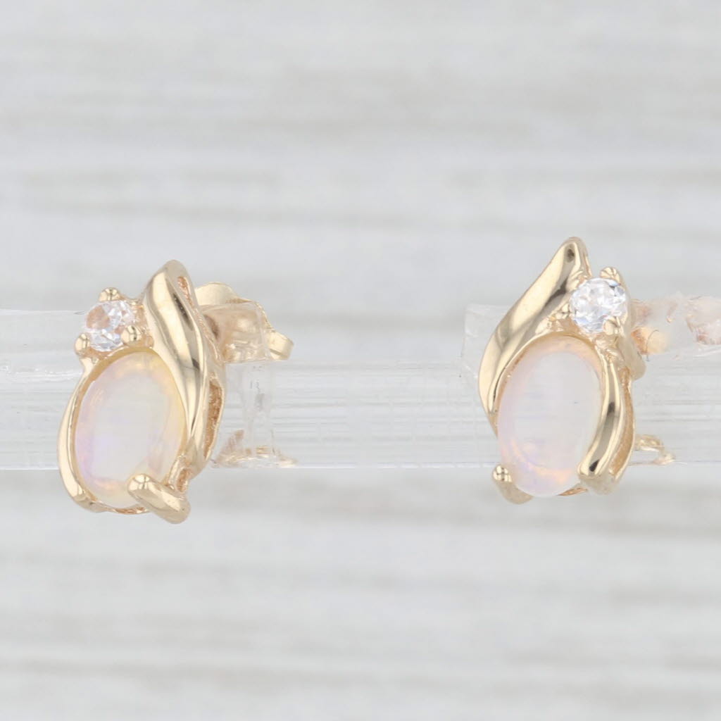 Light Gray Opal Cabochon Cubic Zirconia Stud Earrings 10k Yellow Gold