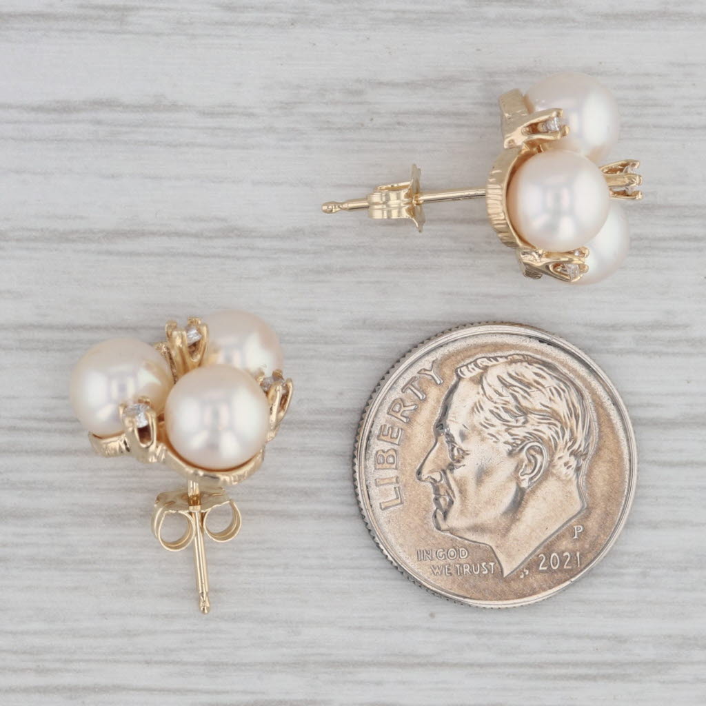 Gray Cultured Pearl Cubic Zirconia Cluster Stud Earrings 14k Yellow Gold