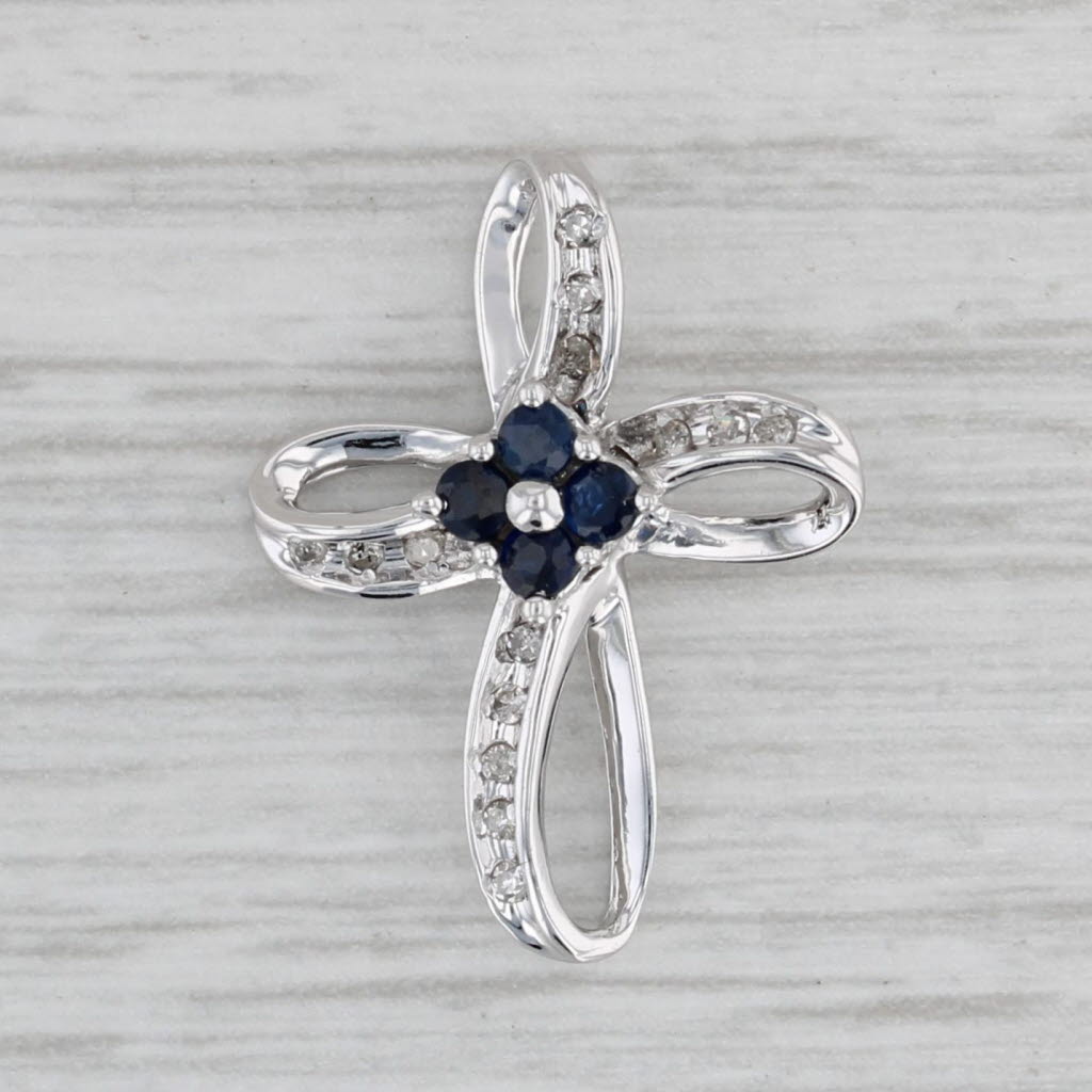 Gray Blue Sapphire Flower Diamond Cross Pendant 10k White Gold